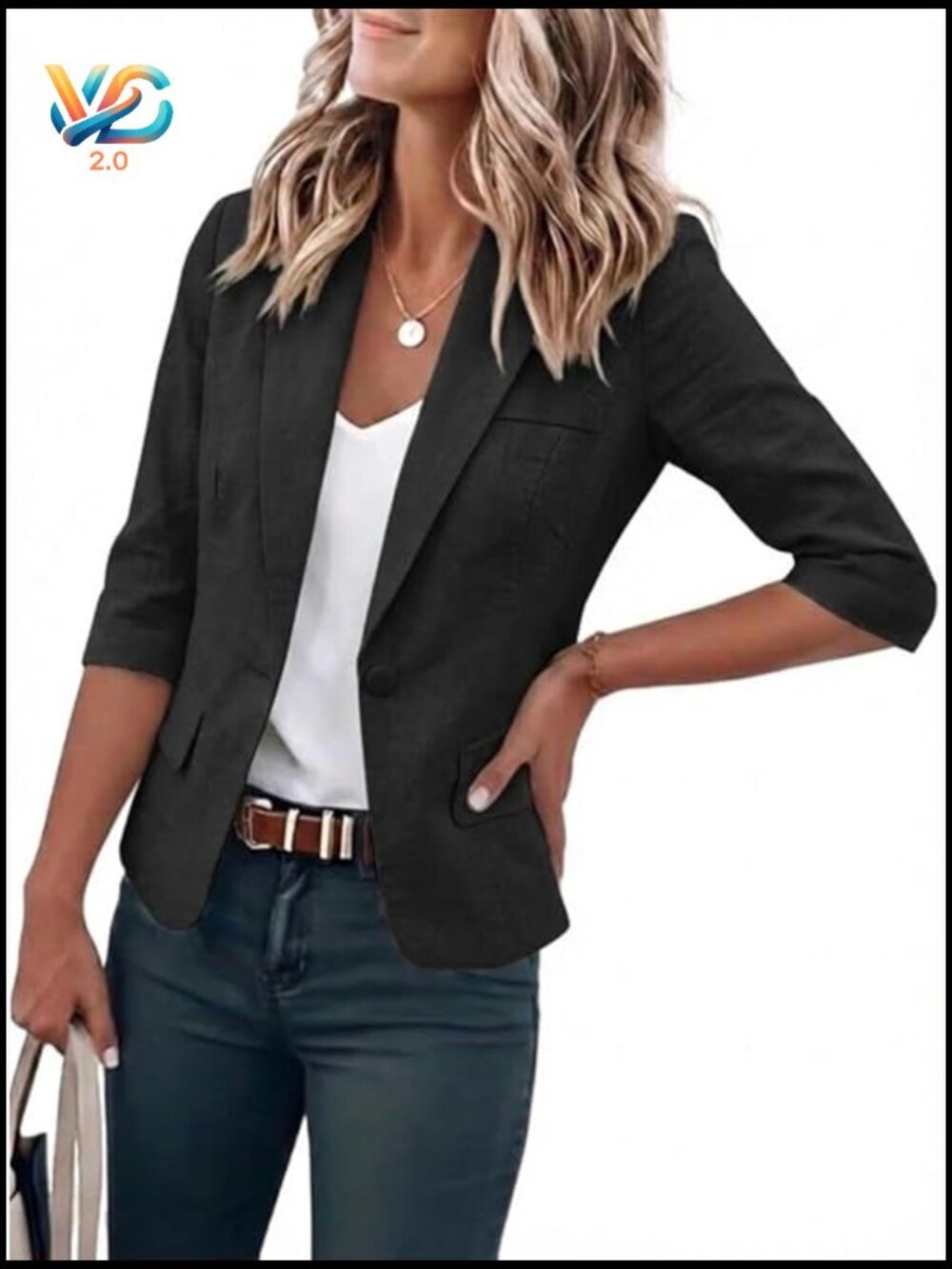 Cropped Cotton Blend Blazer 3/4 Sleeve Casual Business Lightweight Jacket